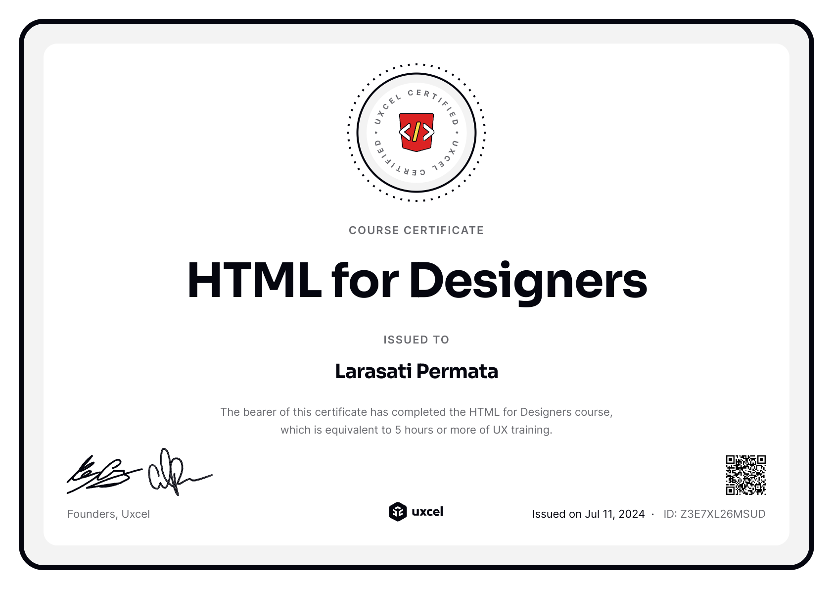 Larasati Permata's certificate